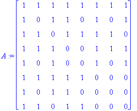 A := matrix([[1, 1, 1, 1, 1, 1, 1, 1], [1, 0, 1, 1, 0, 1, 0, 1], [1, 1, 0, 1, 1, 1, 1, 0], [1, 1, 1, 0, 0, 1, 1, 1], [1, 0, 1, 0, 0, 1, 0, 1], [1, 1, 1, 1, 1, 0, 0, 0], [1, 0, 1, 1, 0, 0, 0, 0], [1, 1,...