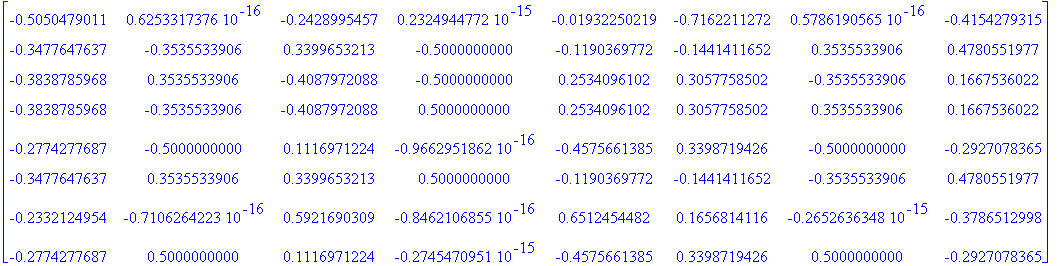 matrix([[-.5050479011, .6253317376e-16, -.2428995457, .2324944772e-15, -.1932250219e-1, -.7162211272, .5786190565e-16, -.4154279315], [-.3477647637, -.3535533906, .3399653213, -.5000000000, -.119036977...