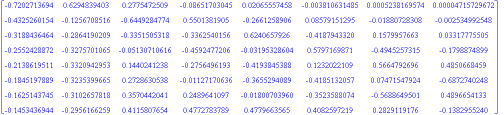 matrix([[-.7202713694, .6294839403, .2775472509, -.8651703045e-1, .2065557458e-1, -.3810631485e-2, .5238169574e-3, .4715729672e-4], [-.4325260154, -.1256708516, -.6449284774, .5501381905, -.2661258906,...